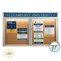 60 x 36 Enclosed Outdoor Bulletin Board Display Case Two-Door with LED Light and Message Header - Satin Silver Finish
