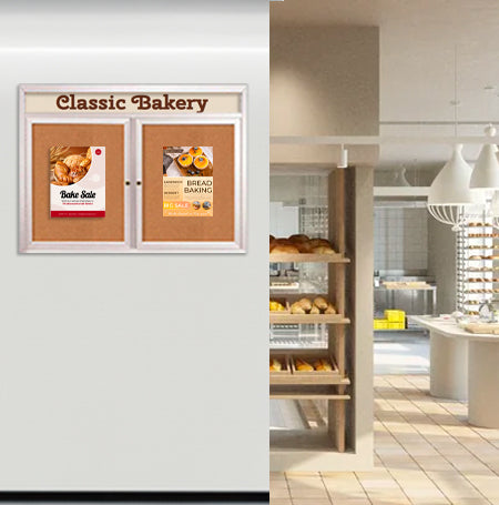 Indoor Enclosed Bulletin Boards 60 x 30 with Rounded Corners 2 Doors & Personalized Header