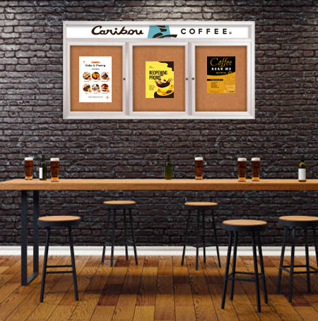 Indoor Enclosed Bulletin Boards 72 x 36 with Rounded Corners 3 Doors & Personalized Header