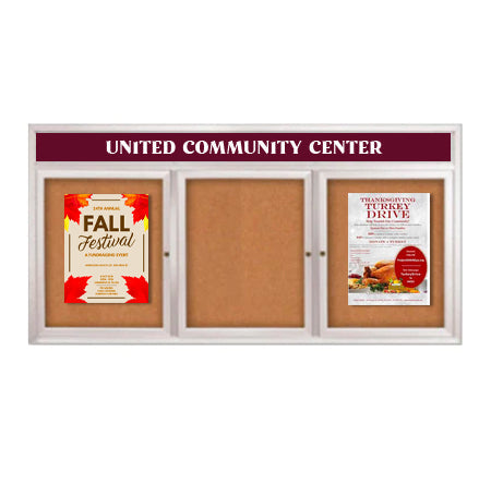 Indoor Enclosed Bulletin Boards 84 x 24 with Rounded Corners 3 Doors & Personalized Header
