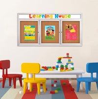 Indoor Enclosed Bulletin Boards 84 x 30 with Rounded Corners 3 Doors & Personalized Header