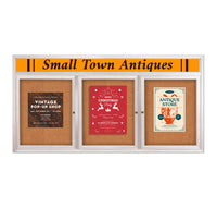 Indoor Enclosed Bulletin Boards 96 x 36 with Rounded Corners 3 Doors & Personalized Header