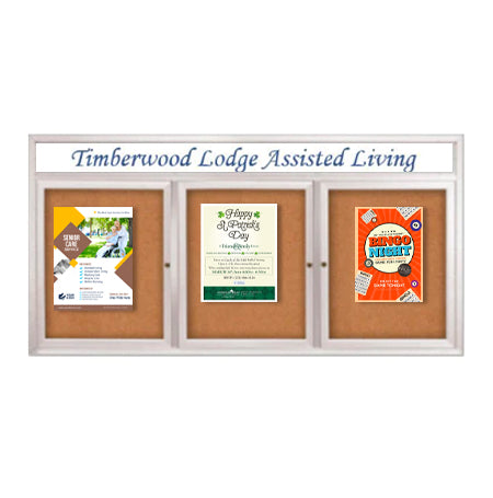 Enclosed Indoor Bulletin Cork Boards with Rounded Corners + Personalized Header | 2 & 3 Doors