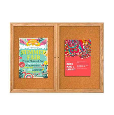 Indoor 48 x 36 Wood Enclosed Bulletin Board with Two Doors - Lockable 2-inch Deep Cabinet in Three Hardwood Finishes