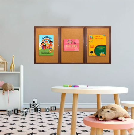 96 x 48  Wood Framed 3 Door Enclosed Bulletin Cork Board Indoor Wall Mount