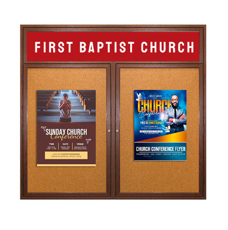 40 x 50 WOOD Indoor Enclosed Bulletin Cork Boards with Message Header (2 DOORS)