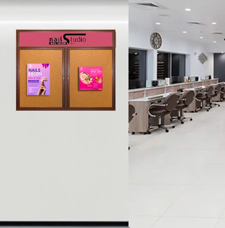 40 x 50 WOOD Indoor Enclosed Bulletin Cork Boards with Message Header (2 DOORS)
