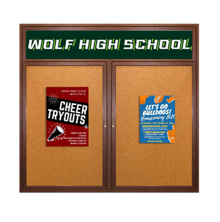 48 x 36 WOOD Indoor Enclosed Bulletin Cork Boards with Message Header (2 DOORS)