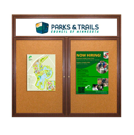 48 x 60 WOOD Indoor Enclosed Bulletin Cork Boards with Message Header (2 DOORS)
