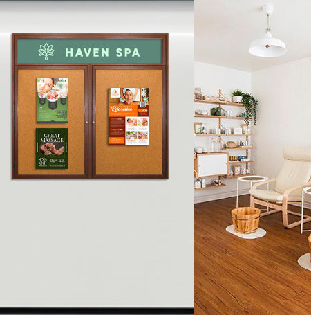 60 x 48 WOOD Indoor Enclosed Bulletin Cork Boards with Message Header (2 DOORS)