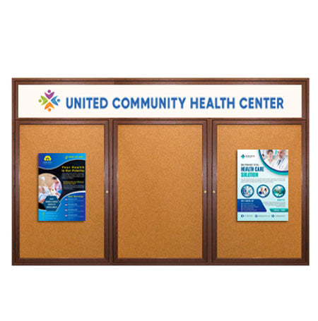 72 x 24 WOOD Indoor Enclosed Bulletin Cork Boards with Message Header (3 DOORS)