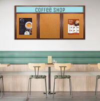 72 x 24 WOOD Indoor Enclosed Bulletin Cork Boards with Message Header (3 DOORS)
