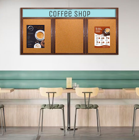 72 x 24 WOOD Indoor Enclosed Bulletin Cork Boards with Message Header (3 DOORS)