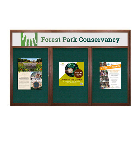 72 x 36 WOOD Indoor Enclosed Bulletin Cork Boards with Message Header (3 DOORS)