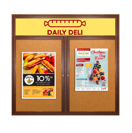 72 x 36 WOOD Indoor Enclosed Bulletin Cork Boards with Message Header (2 DOORS)