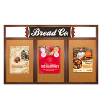 72 x 48 WOOD Indoor Enclosed Bulletin Cork Boards with Message Header (3 DOORS)