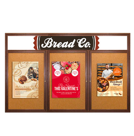 72 x 48 WOOD Indoor Enclosed Bulletin Cork Boards with Message Header (3 DOORS)