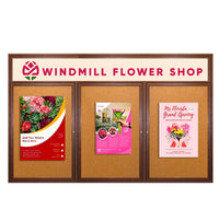 84 x 24 WOOD Indoor Enclosed Bulletin Cork Boards with Message Header (3 DOORS)