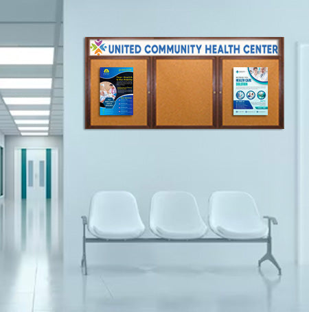84 x 24 WOOD Indoor Enclosed Bulletin Cork Boards with Message Header (3 DOORS)