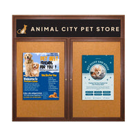 84 x 30 WOOD Indoor Enclosed Bulletin Cork Boards with Message Header (2 DOORS)