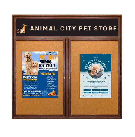 84 x 30 WOOD Indoor Enclosed Bulletin Cork Boards with Message Header (2 DOORS)