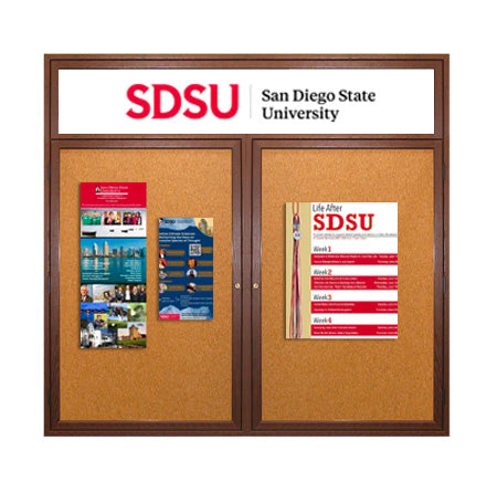 96 x 48 WOOD Indoor Enclosed Bulletin Cork Boards with Message Header (2 DOORS)