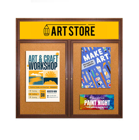 40 x 40 Indoor Wood Enclosed Bulletin Boards with Header & Lights (2 DOORS)