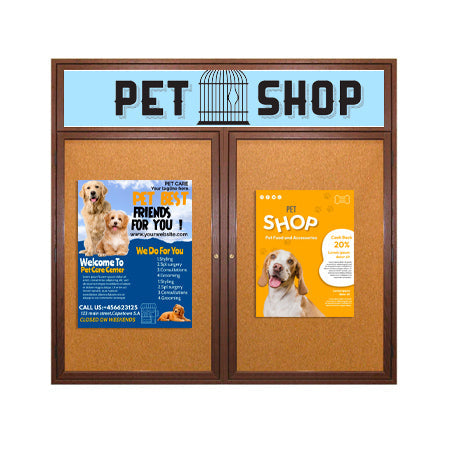 48 x 36 Indoor Wood Enclosed Bulletin Boards with Header & Lights (2 DOORS)