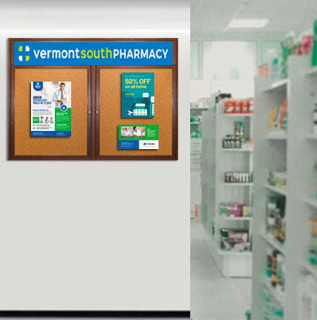 50 x 40 Indoor Wood Enclosed Bulletin Boards with Header & Lights (2 DOORS)