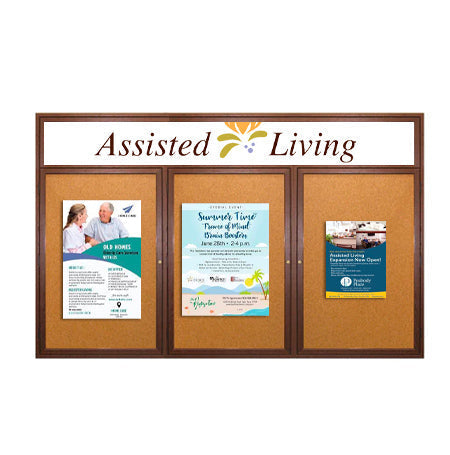72 x 24 Indoor Wood Enclosed Bulletin Boards with Header & Lights (3 DOORS)