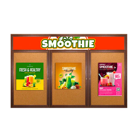 72 x 48 Indoor Wood Enclosed Bulletin Boards with Header & Lights (3 DOORS)