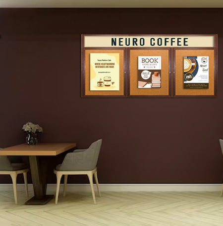 72 x 48 Indoor Wood Enclosed Bulletin Boards with Header & Lights (3 DOORS)