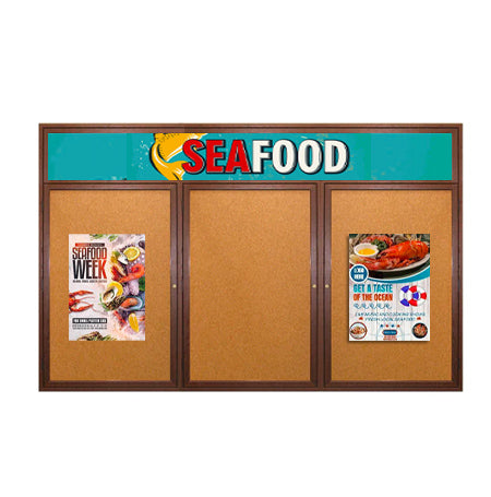 84 x 30 Indoor Wood Enclosed Bulletin Boards with Header & Lights (3 DOORS)