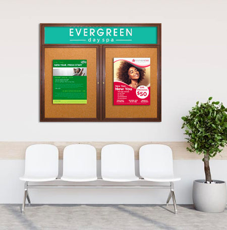 84 x 30 Indoor Wood Enclosed Bulletin Boards with Header & Lights (2 DOORS)