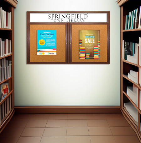 84 x 36 Indoor Wood Enclosed Bulletin Boards with Header & Lights (2 DOORS)