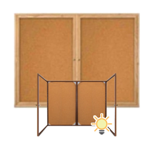 96 x 36 WOOD Indoor Enclosed Bulletin Cork Boards with Interior Lighting (2 DOORS)