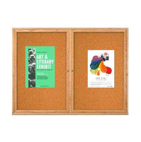 48 x 36 WOOD Indoor Enclosed Bulletin Cork Boards with Interior Lighting (2 DOORS)