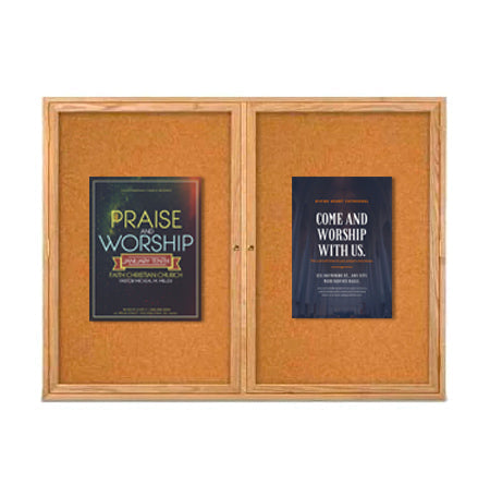 48 x 60 WOOD Indoor Enclosed Bulletin Cork Boards with Interior Lighting (2 DOORS)