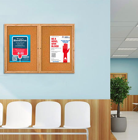 50 x 50 WOOD Indoor Enclosed Bulletin Cork Boards with Interior Lighting (2 DOORS)