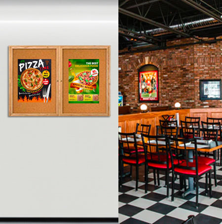 60 x 24 WOOD Indoor Enclosed Bulletin Cork Boards with Interior Lighting (2 DOORS)