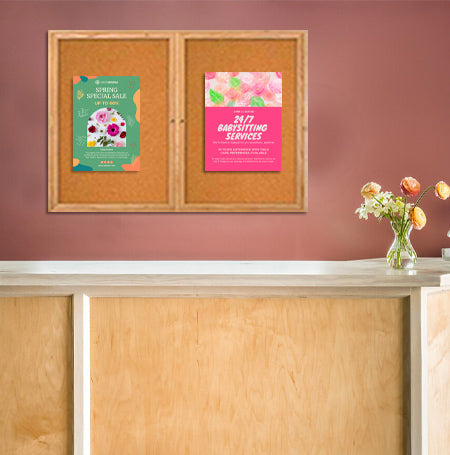 72 x 24 WOOD Indoor Enclosed Bulletin Cork Boards with Interior Lighting (2 DOORS)