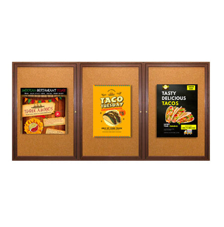 72 x 30 WOOD Indoor Enclosed Bulletin Cork Boards with Interior Lighting (3 DOORS)
