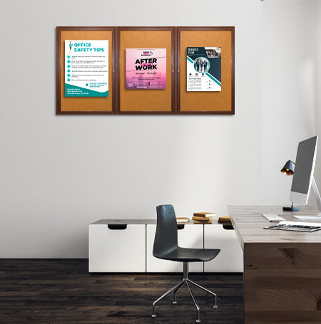 72 x 30 WOOD Indoor Enclosed Bulletin Cork Boards with Interior Lighting (3 DOORS)