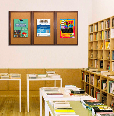 72 x 36 WOOD Indoor Enclosed Bulletin Cork Boards with Interior Lighting (3 DOORS)