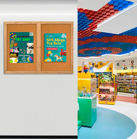 84 x 24 WOOD Indoor Enclosed Bulletin Cork Boards with Interior Lighting (2 DOORS)