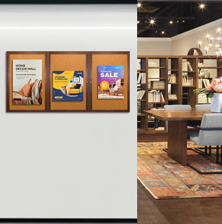 84 x 30 WOOD Indoor Enclosed Bulletin Cork Boards with Interior Lighting (3 DOORS)
