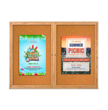 84 x 30 WOOD Indoor Enclosed Bulletin Cork Boards with Interior Lighting (2 DOORS)