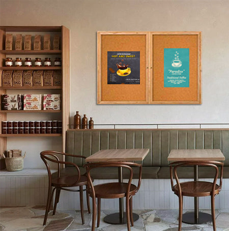 84 x 30 WOOD Indoor Enclosed Bulletin Cork Boards with Interior Lighting (2 DOORS)