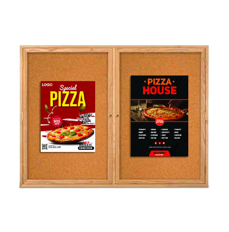 84 x 48 WOOD Indoor Enclosed Bulletin Cork Boards with Interior Lighting (2 DOORS)