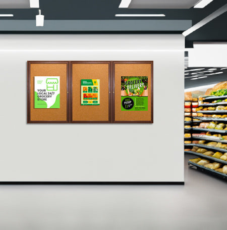 96 x 24 WOOD Indoor Enclosed Bulletin Cork Boards with Interior Lighting (3 DOORS)